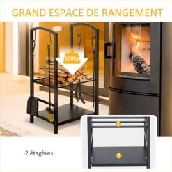 Outsunny Serviteur De Cheminée - Porte Bûches - Range Bûches Multi Accessoires 2 étagères 40L X 30l X 75H Cm Métal Noir - Noir -Outsunny Soldes Magasin 9167405 4