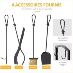 Outsunny Serviteur De Cheminée - Porte Bûches - Range Bûches Multi Accessoires 2 étagères 40L X 30l X 75H Cm Métal Noir - Noir -Outsunny Soldes Magasin 9167405 5